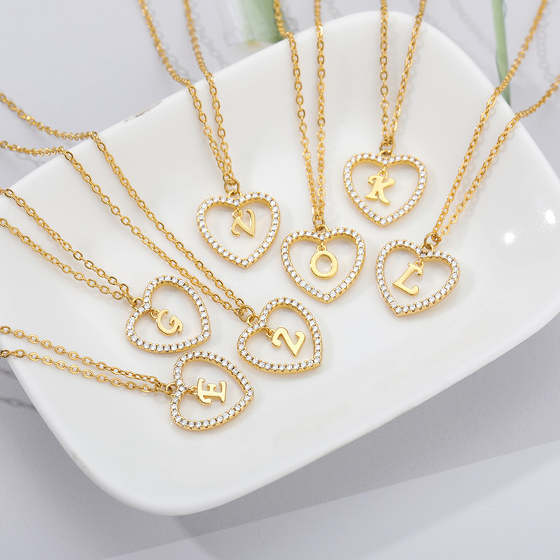 Heart hollow 26 letters pendant copper zircon stainless steel chain heart pendant