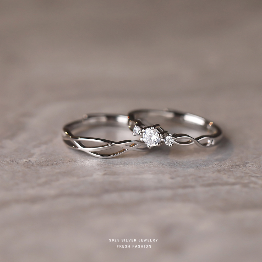 s925 sterling silver Tanabata Valentine's Day simple lines zircon couple ring personality hollow design men and women ring