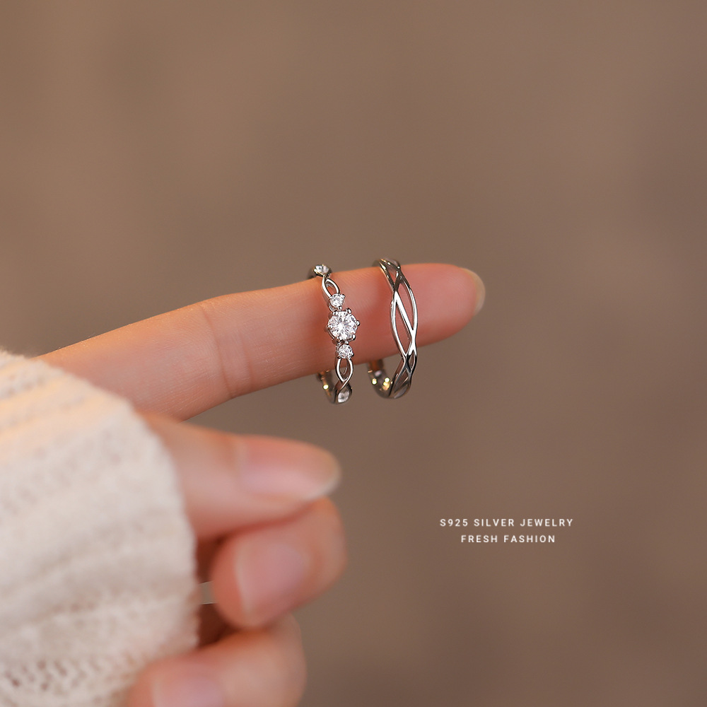 s925 sterling silver Tanabata Valentine's Day simple lines zircon couple ring personality hollow design men and women ring