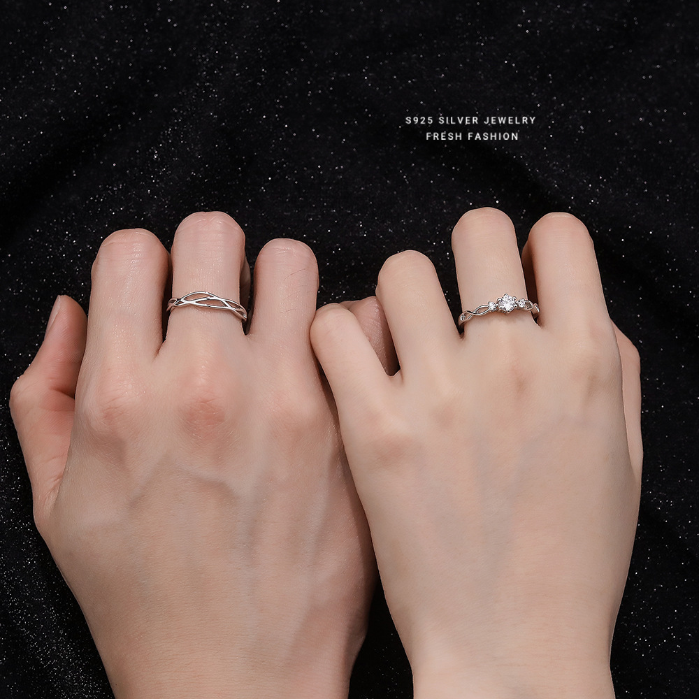 s925 sterling silver Tanabata Valentine's Day simple lines zircon couple ring personality hollow design men and women ring