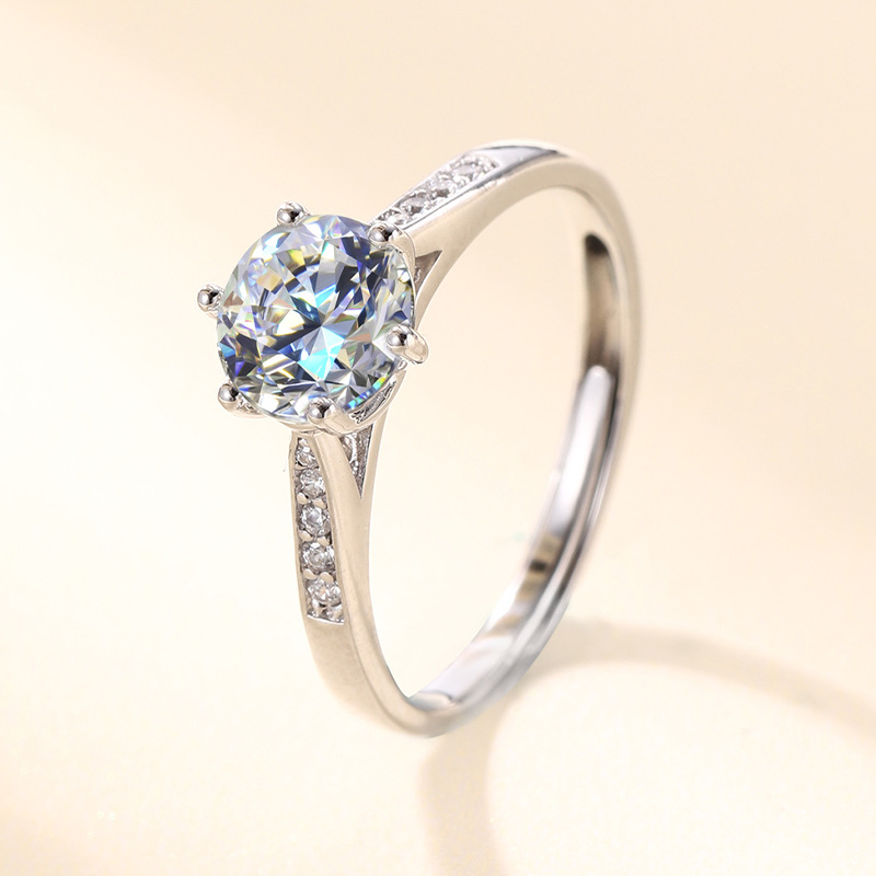 One carat D color Moissanite ring female niche design sense classic six-prong wedding ring jewelry sterling silver ring