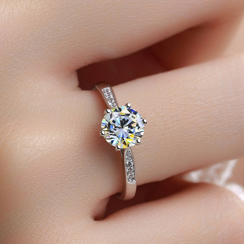 One carat D color Moissanite ring female niche design sense classic six-prong wedding ring jewelry sterling silver ring
