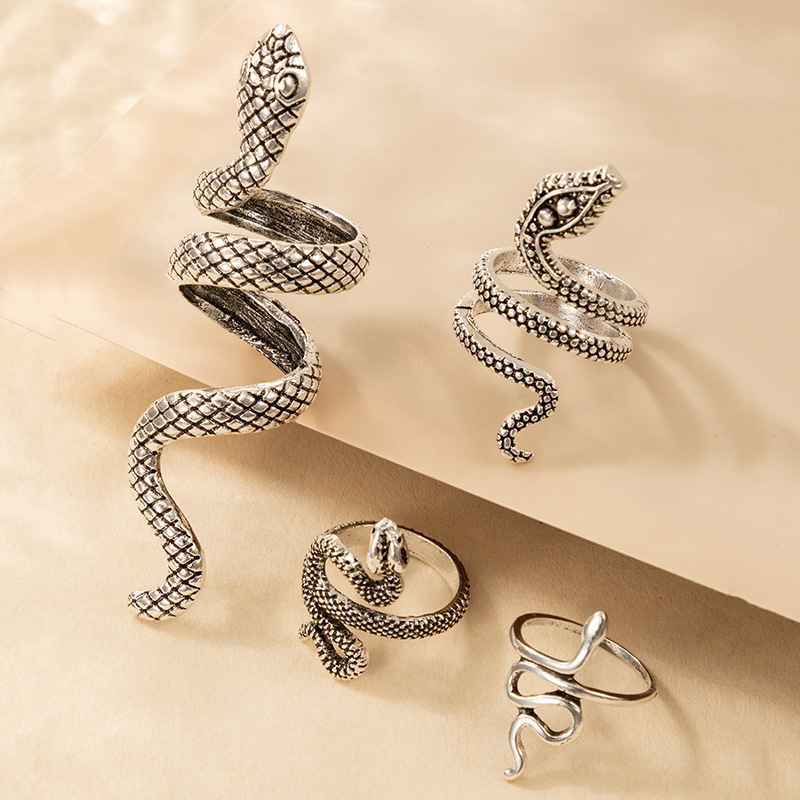 Serpentine ring Punk style Serpentine animal retro exaggerated four-piece ring set