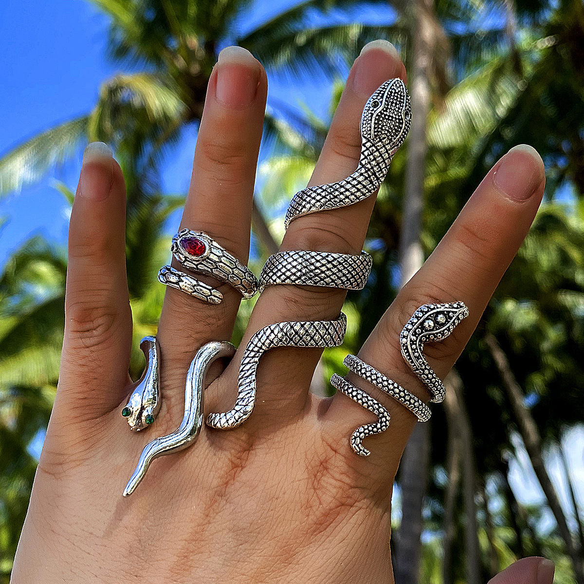 Serpentine ring Punk style Serpentine animal retro exaggerated four-piece ring set