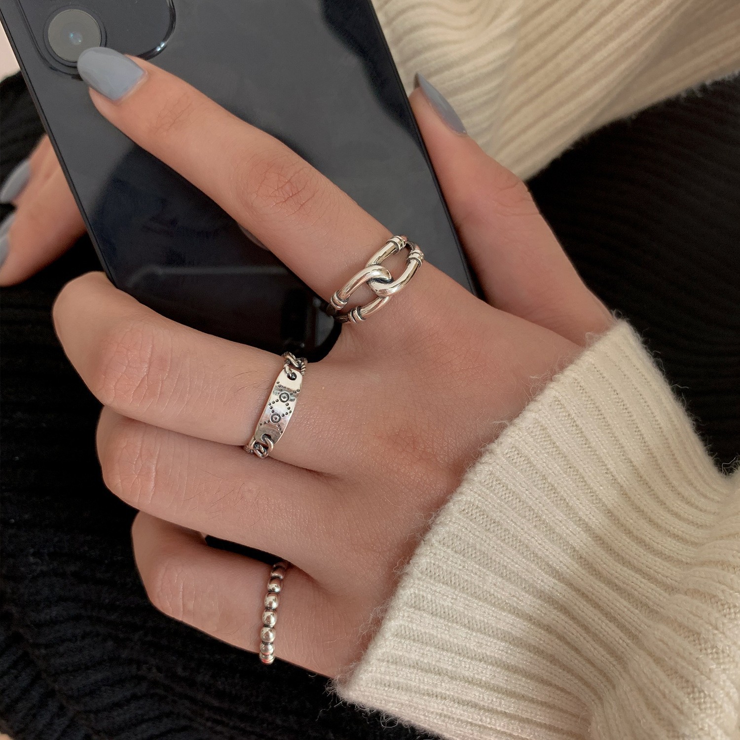 Ring ring female network red simple cold wind chain S925 sterling silver hand jewelry
