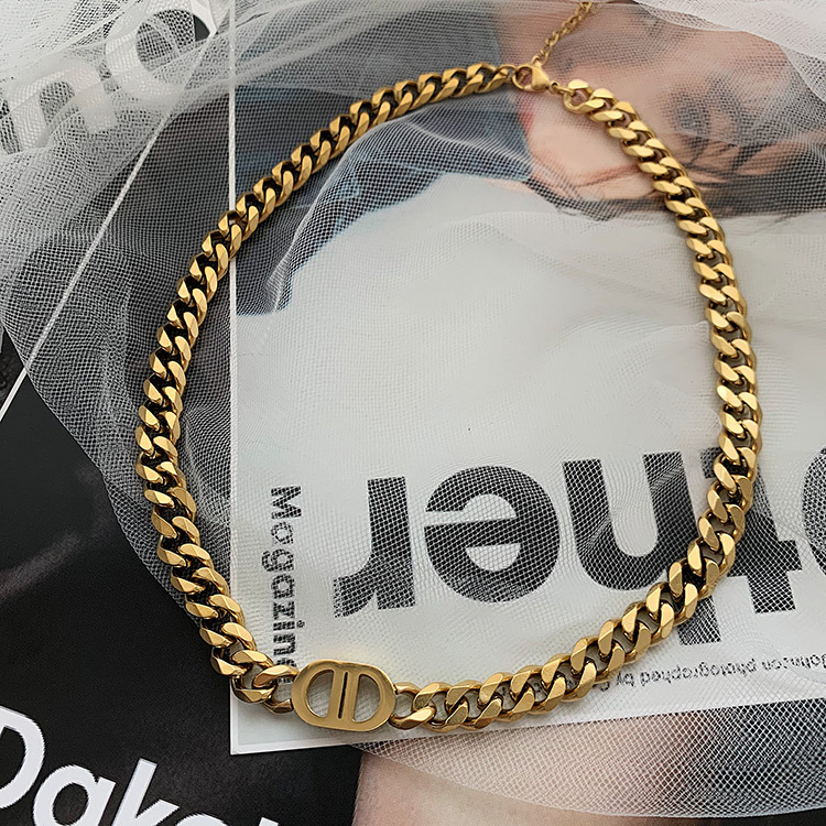 Gold thick chain letter double D titanium steel necklace female hip hop