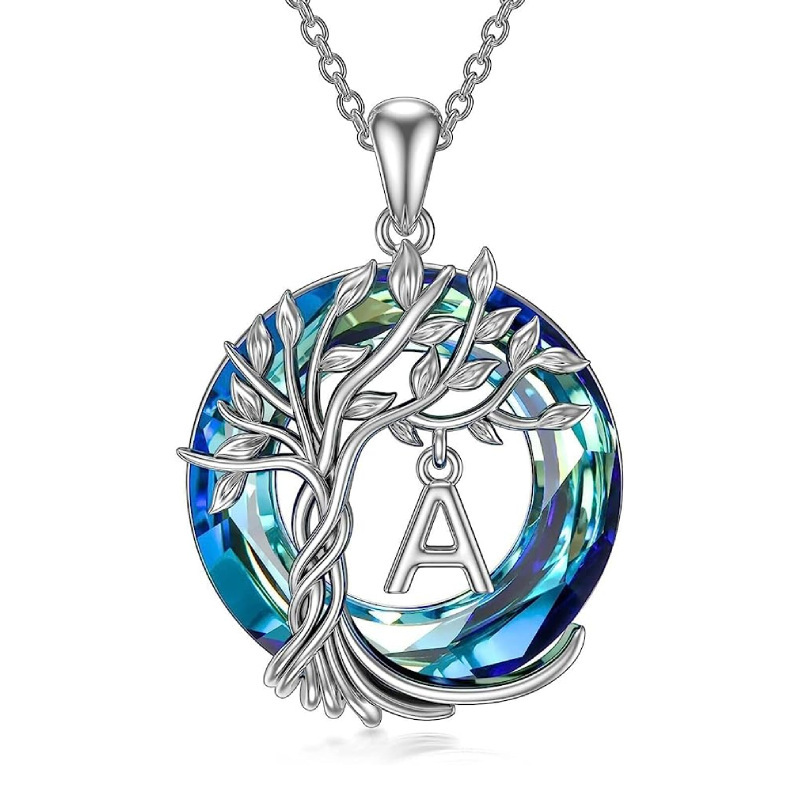 Tree of Life A-Z Initial Necklace Round Blue Austrian Crystal pendant necklace for women