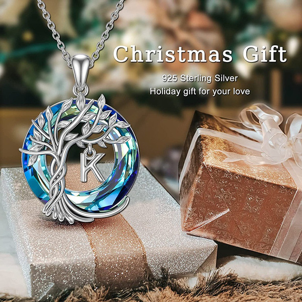 Tree of Life A-Z Initial Necklace Round Blue Austrian Crystal pendant necklace for women