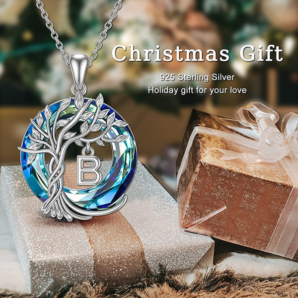 Tree of Life A-Z Initial Necklace Round Blue Austrian Crystal pendant necklace for women