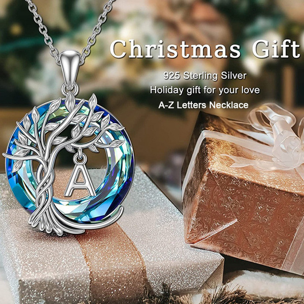 Tree of Life A-Z Initial Necklace Round Blue Austrian Crystal pendant necklace for women