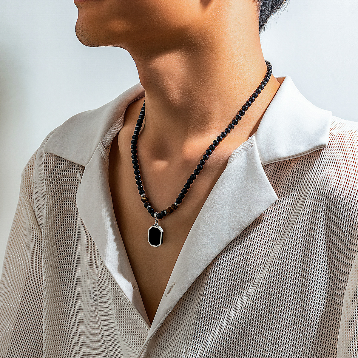 Tiger stone beaded necklace men's hip hop niche high-end sense simple personality men's collarbone chain accessories