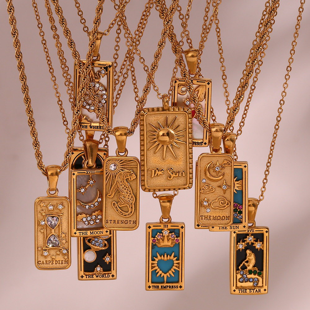 Pendant stainless steel rectangular dripping zircon Tarot necklace