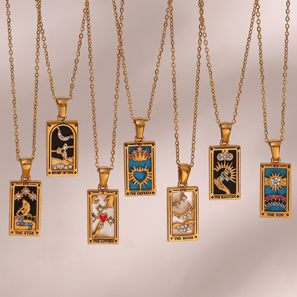 Pendant stainless steel rectangular dripping zircon Tarot necklace