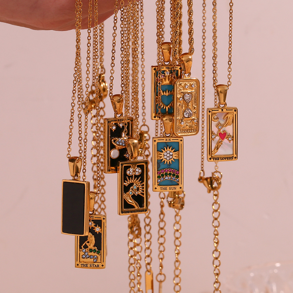 Pendant stainless steel rectangular dripping zircon Tarot necklace