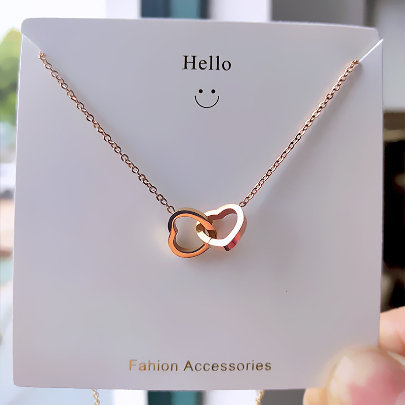 Rose gold simple double ring love clavicle chain titanium steel timeless mesh red necklace