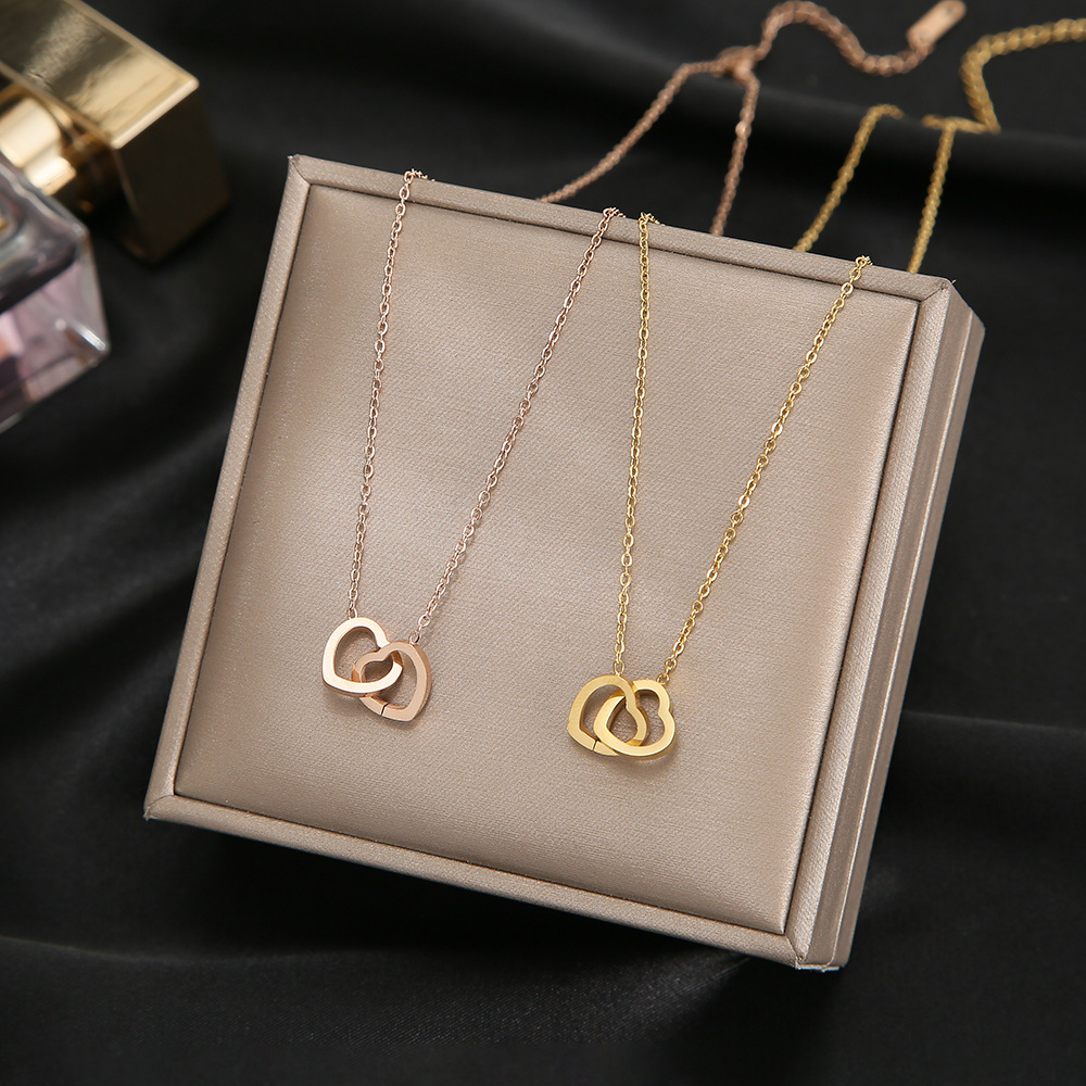 Rose gold simple double ring love clavicle chain titanium steel timeless mesh red necklace