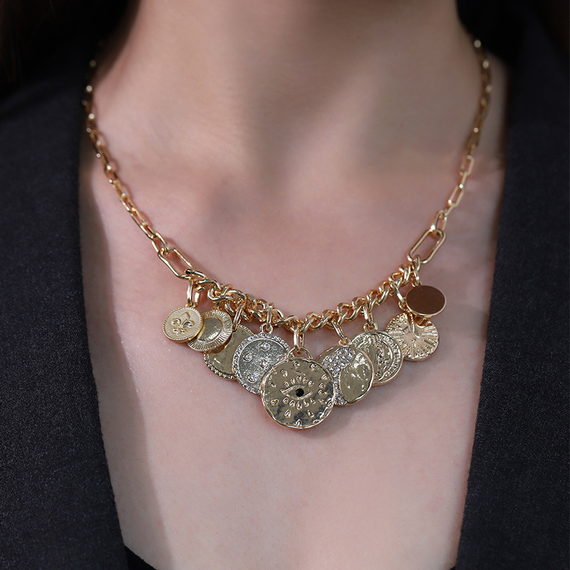 Coins with diamond relief small pendant bib necklace women's style