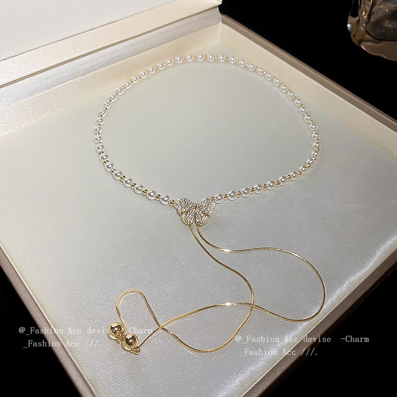 Diamond pearl necklace pendant, women's French retro fashion temperament, collarbone chain, high-end sense, wholesale of accessories