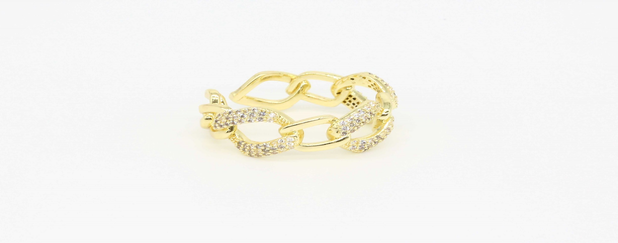 Metallic Diamond Cuban Chain Open Ring Copper Gold Plated Zircon Fashion Index Ring