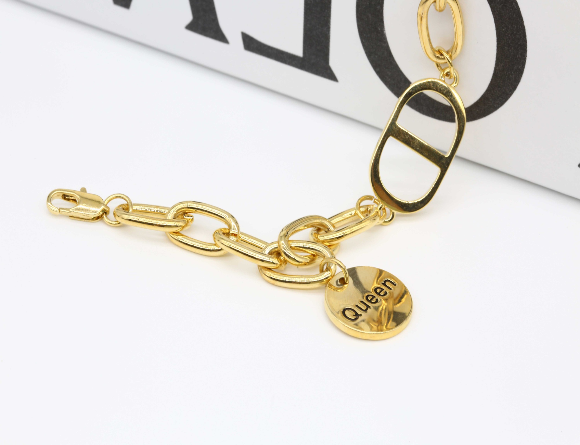 S925 Sterling Silver Geometric Chain Bracelet English Round Card Chain Couple Charm Bracelet