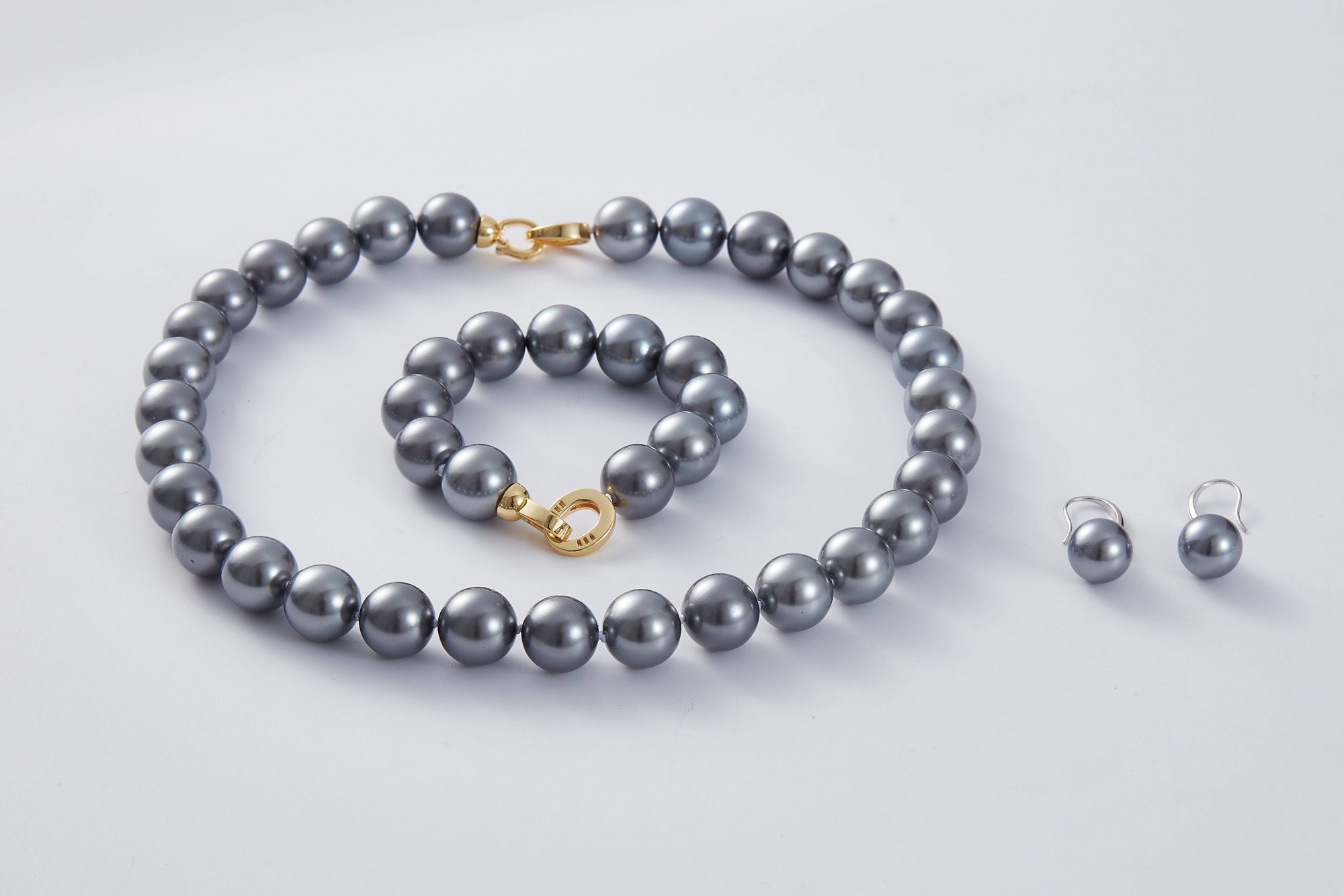 Simple Design Women Gold Plated Beads Natural Freshwater Grey 8-9 MM Pearl Necklace Earrings Ring 3 PCS Jewelry Set
