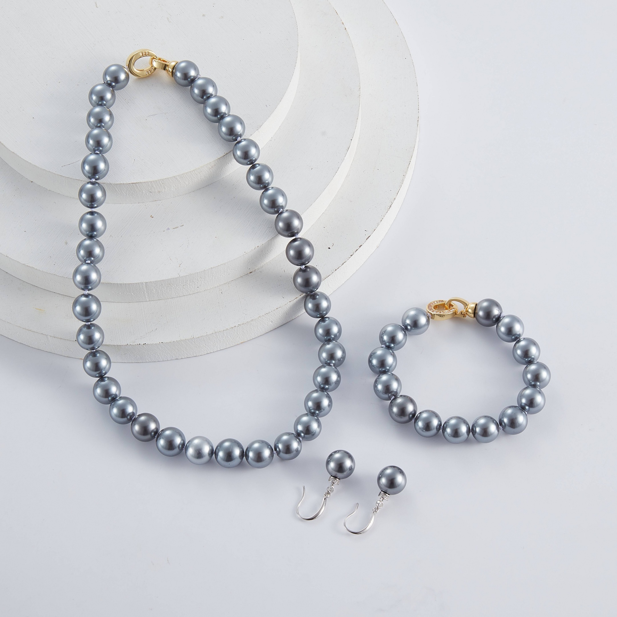 Simple Design Women Gold Plated Beads Natural Freshwater Grey 8-9 MM Pearl Necklace Earrings Ring 3 PCS Jewelry Set