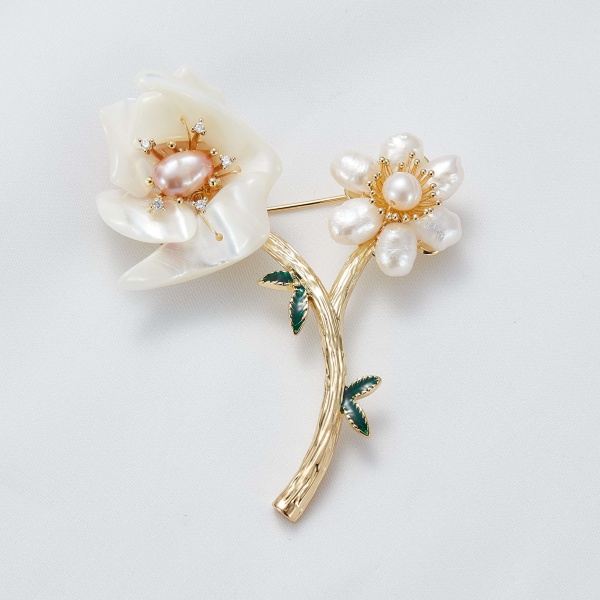 14k Gold plated Flower Brooches Pin Elegant Shell Enamel Flower Brooch With Pearls
