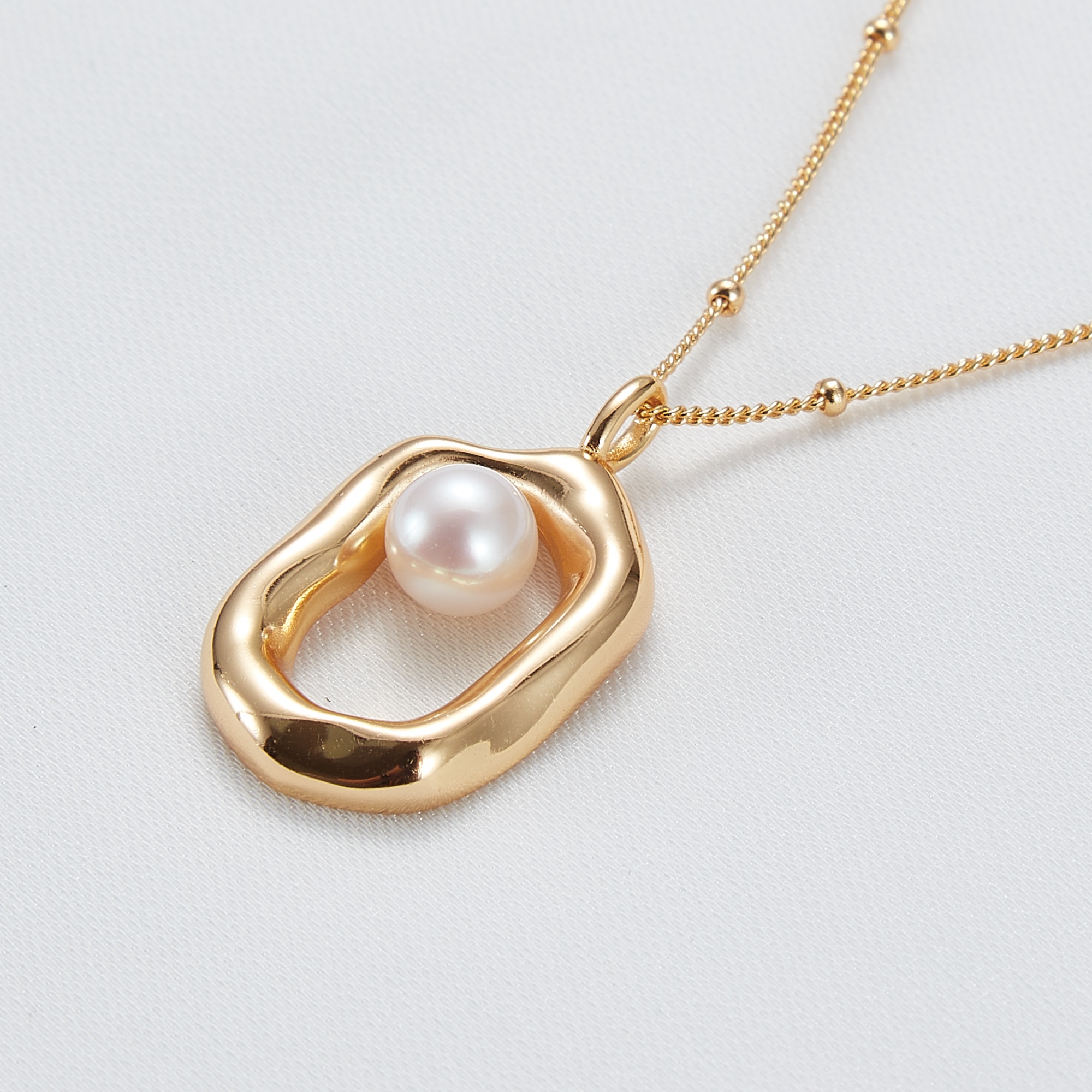 S925 Sterling Silver Necklace Jewelry Freshwater Cultured Gold Plated Beaded Chain Pearl Square Pendant Necklace