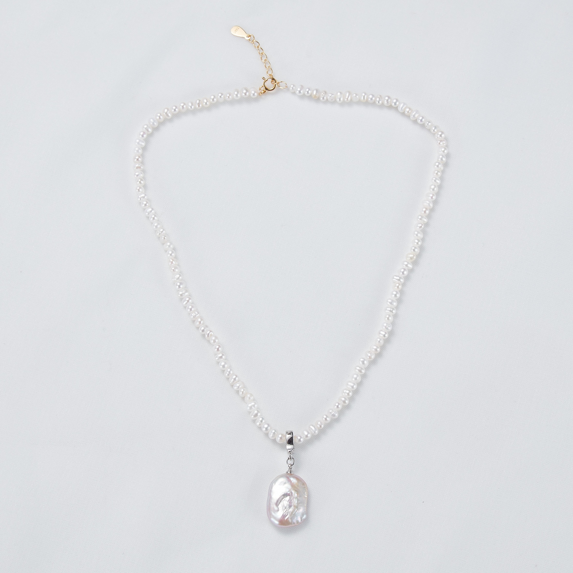 New Design 925 Sterling Silver 4-5mm Rice Baroque Charm Pendant Pearl Choker Necklace