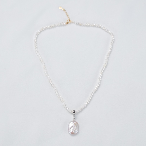 New Design 925 Sterling Silver 4-5mm Rice Baroque Charm Pendant Pearl Choker Necklace