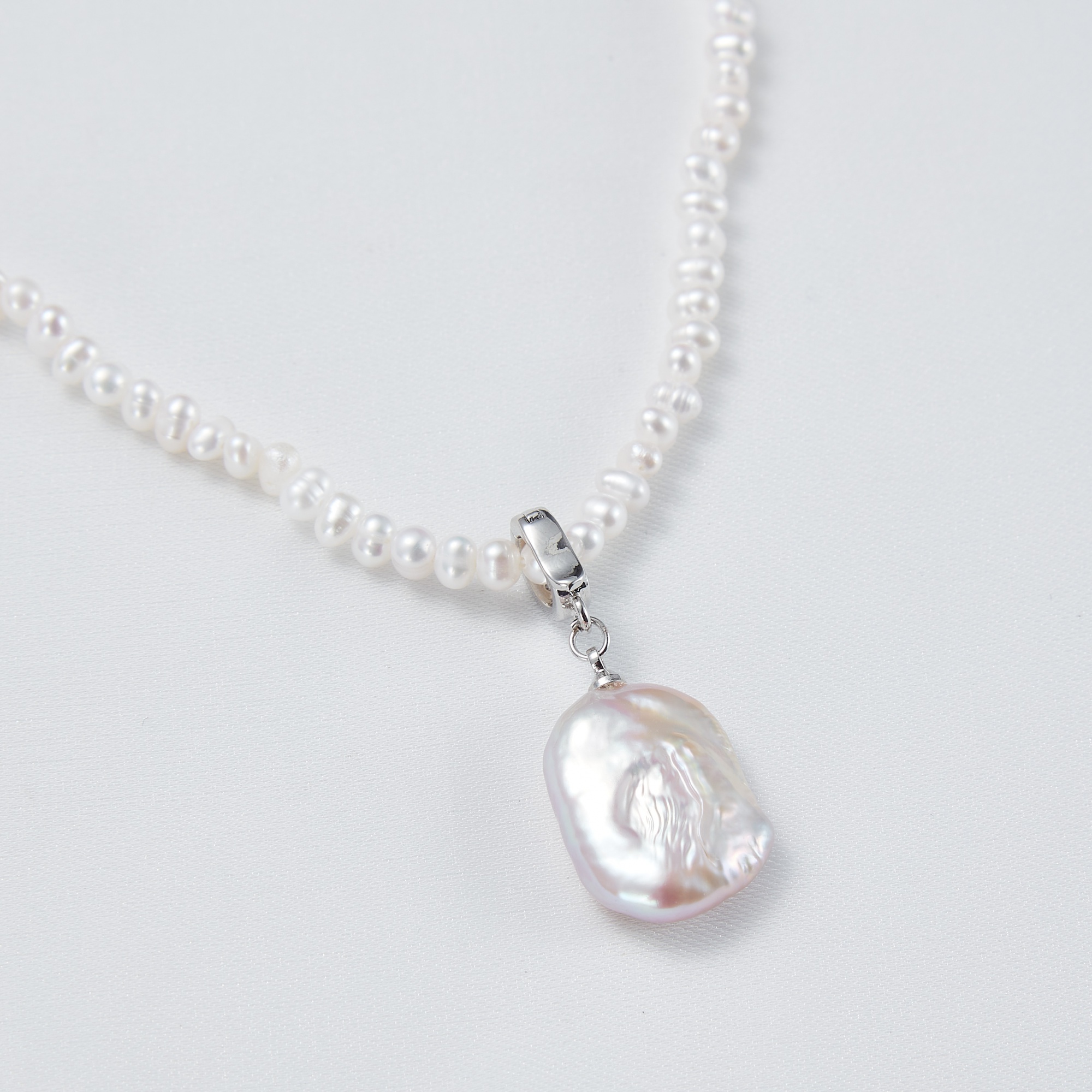 New Design 925 Sterling Silver 4-5mm Rice Baroque Charm Pendant Pearl Choker Necklace