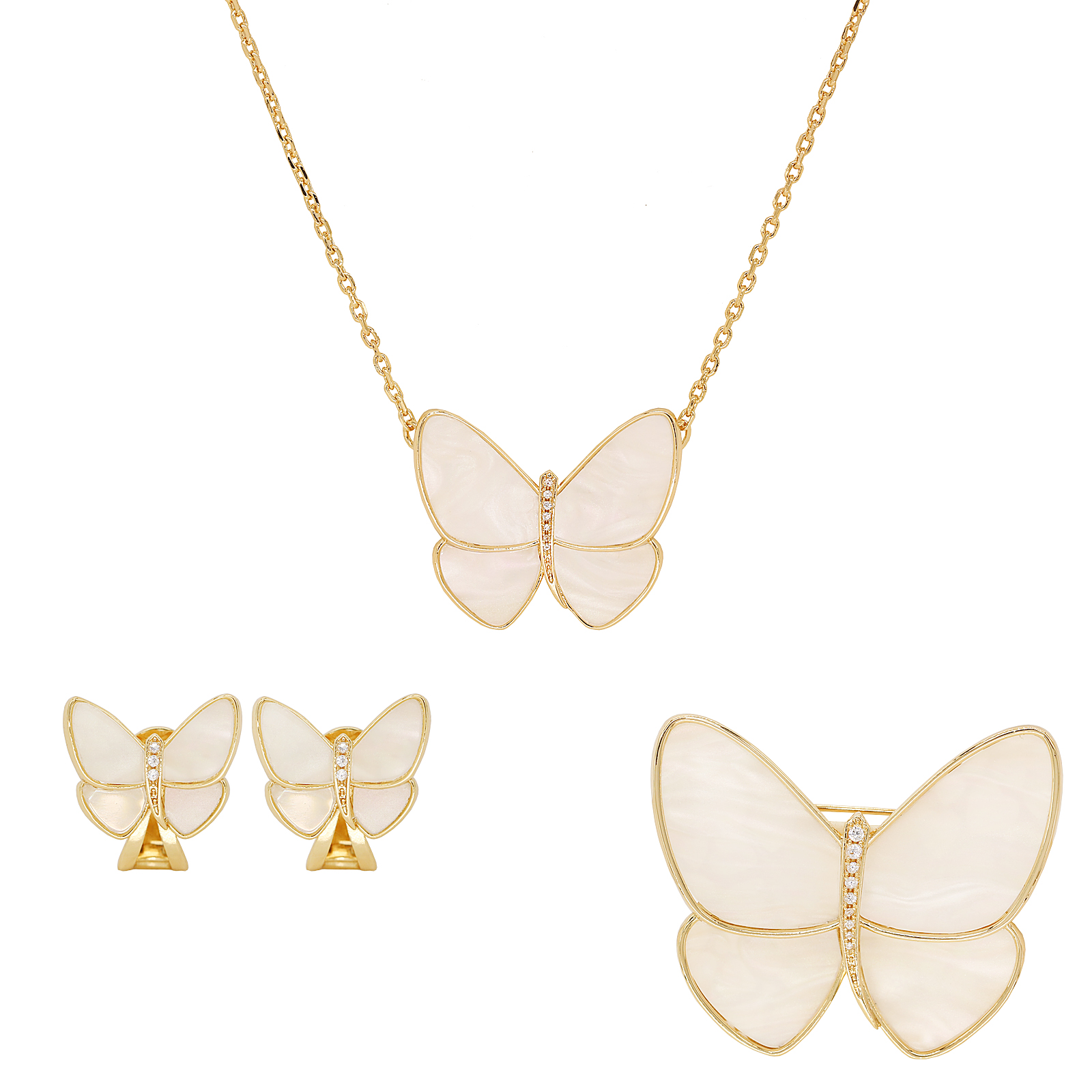 Vintage Sterling Silver Plated 18k Gold Natural White pearl Butterfly Necklace Earrings Jewelry Set Women's Day Gift