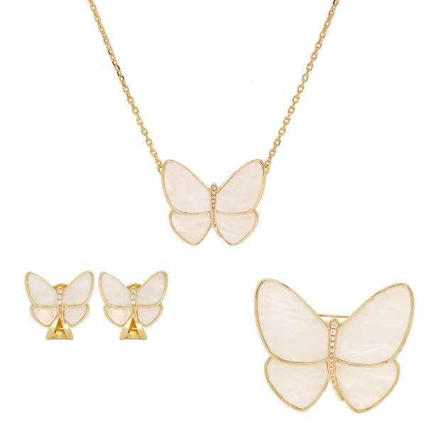 Vintage Sterling Silver Plated 18k Gold Natural White pearl Butterfly Necklace Earrings Jewelry Set Women
