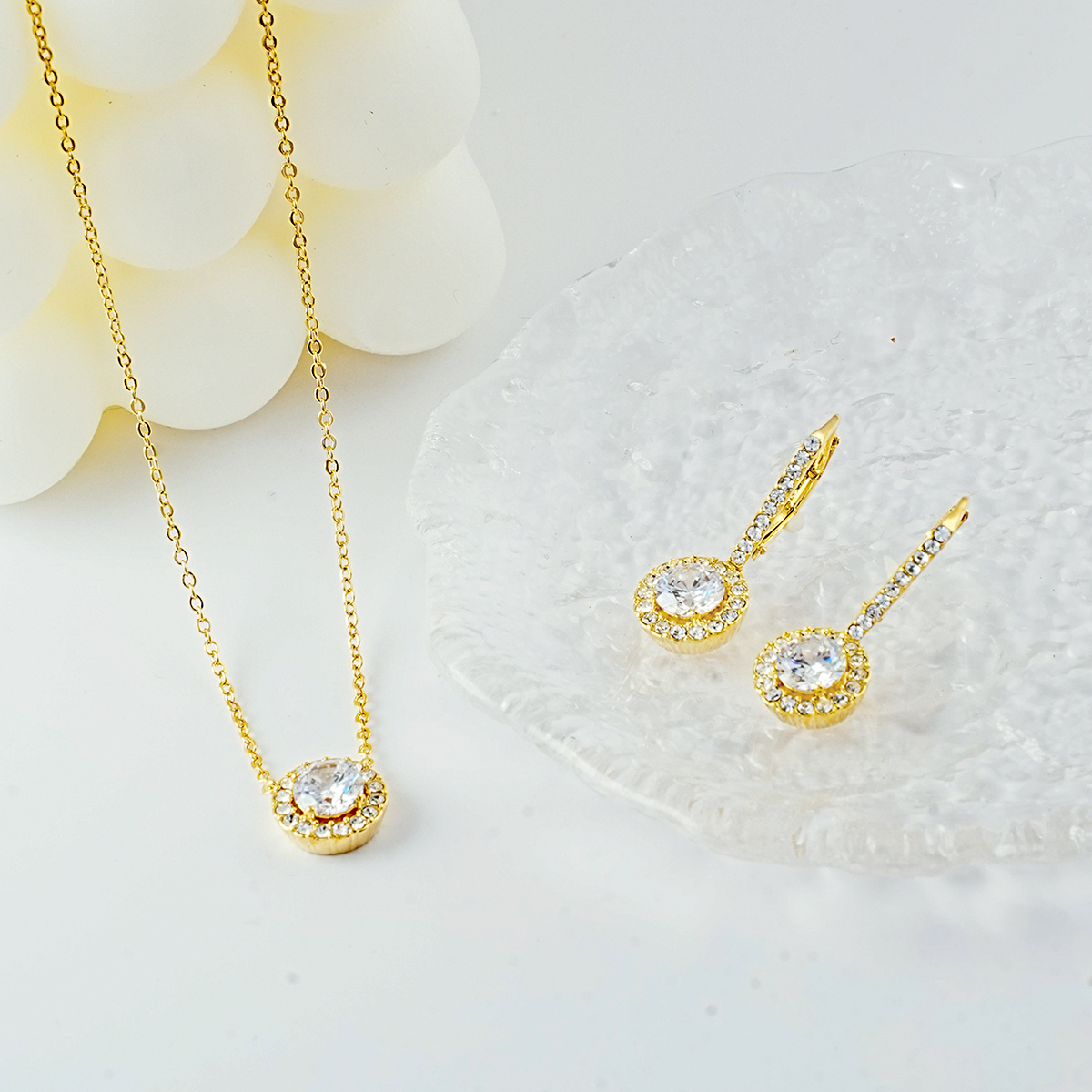 14k gold jewelry wholesale classic bezel diamond necklace earring set gift