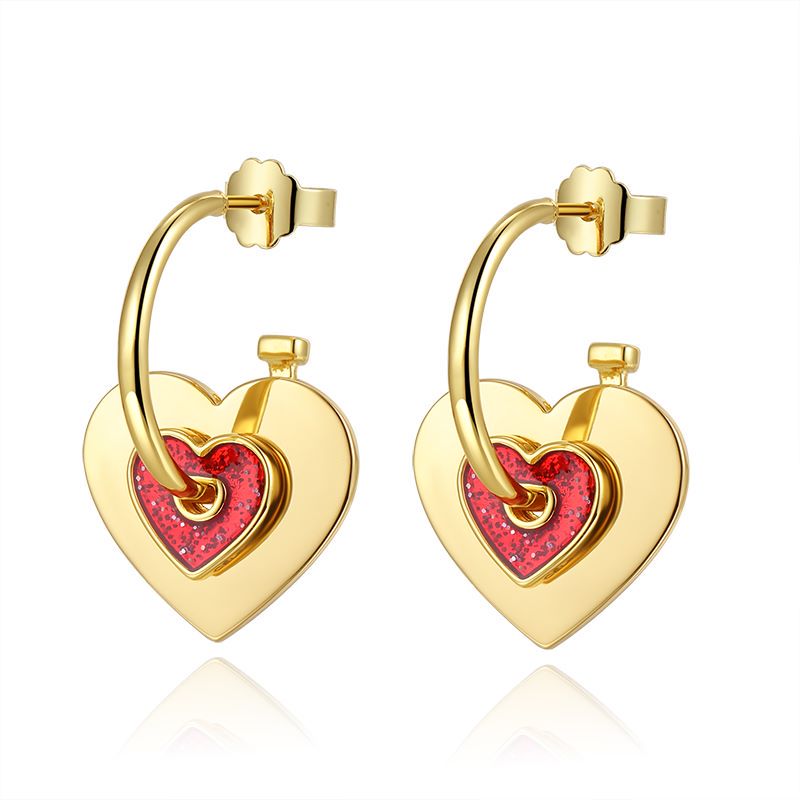 Fashion Gift Jewelry For Women S925 Sterling Silver Ear Pins Detachable Red Enamel Double Heart Pendant Earrings