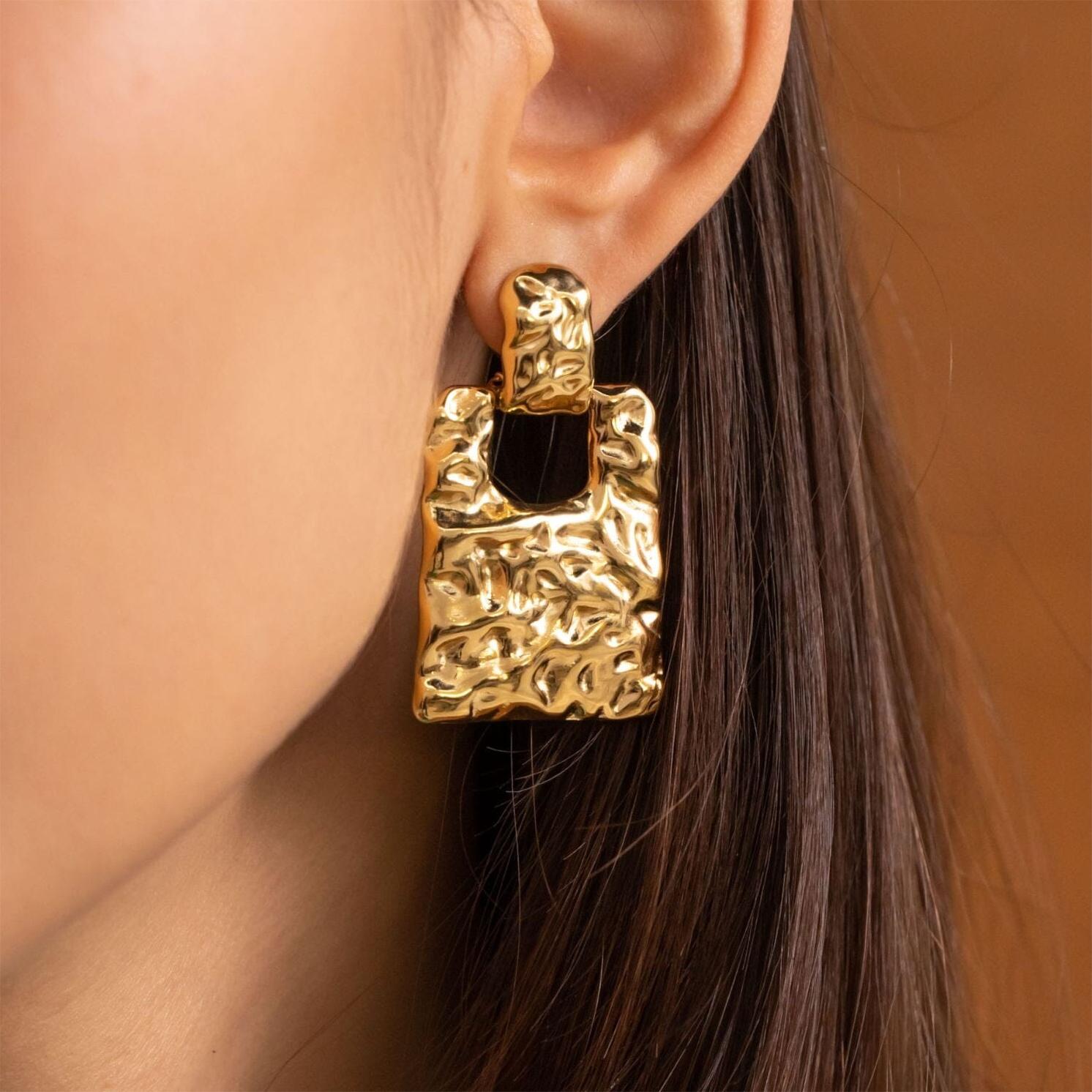  Geometric Metallic Brass Drop Earrings Complex Patterns 18K Gold Plated Jewelry Waterproof Earrings