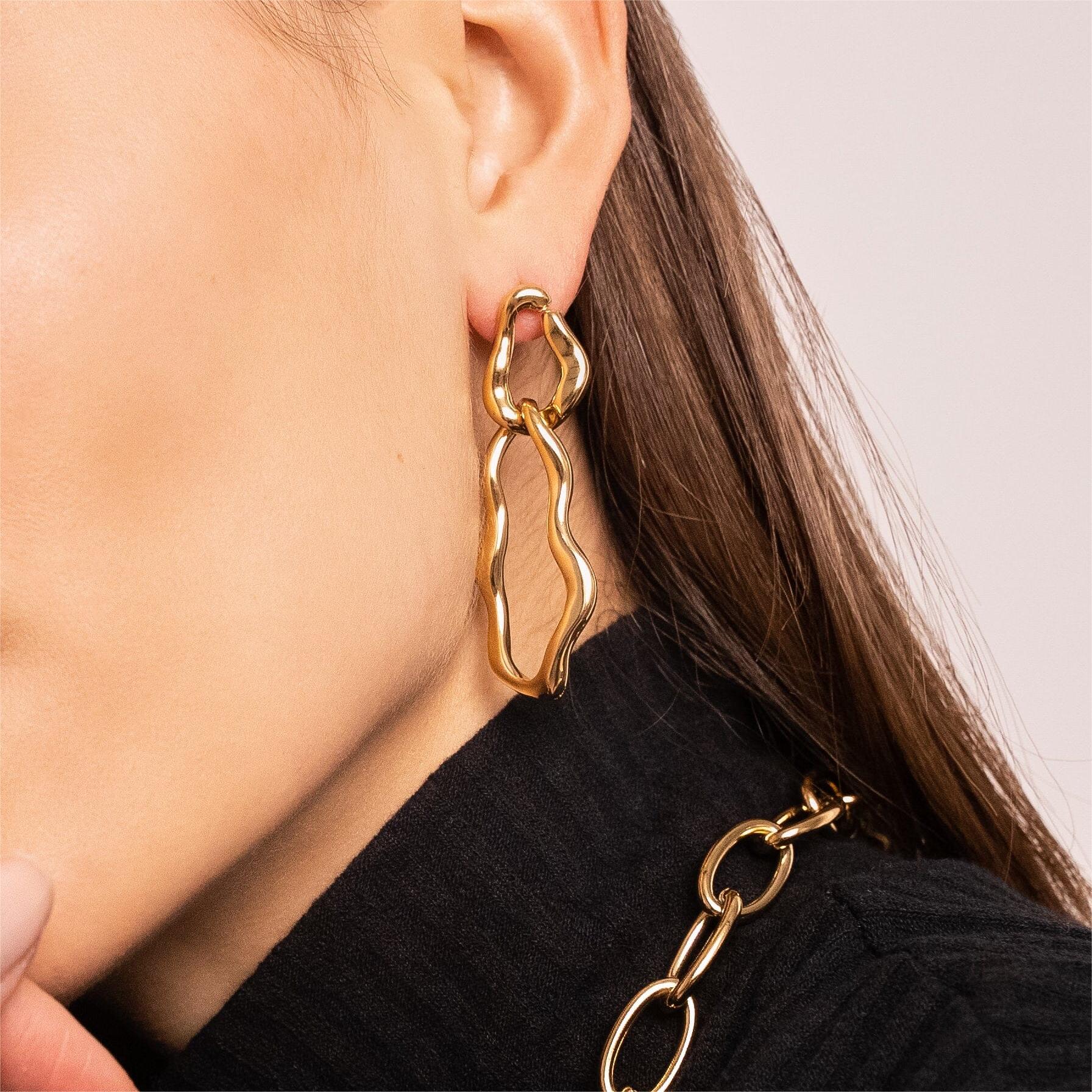  Geometric Metallic Brass Drop Earrings Complex Patterns 18K Gold Plated Jewelry Waterproof Earrings
