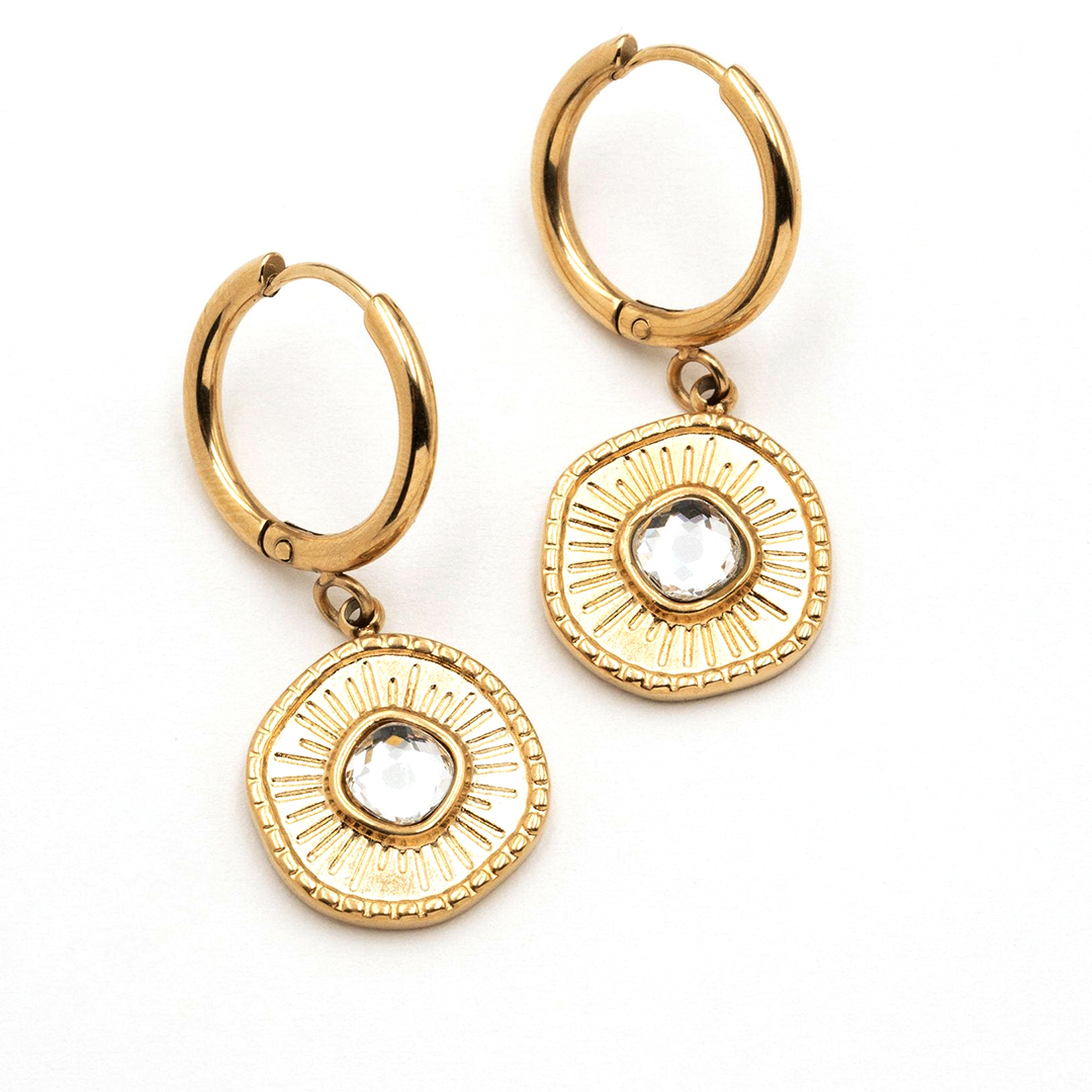 High End Tarnish Free Gold Plated Stainless Steel Hoop Earrings Fashion Geometric Embossed Green Red Blue Yellow Natural Stone Pendant Earrings
