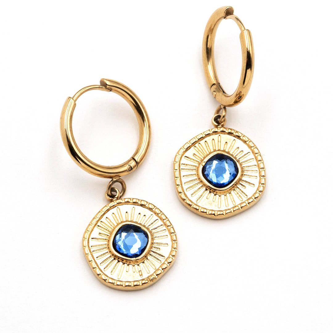 High End Tarnish Free Gold Plated Stainless Steel Hoop Earrings Fashion Geometric Embossed Green Red Blue Yellow Natural Stone Pendant Earrings