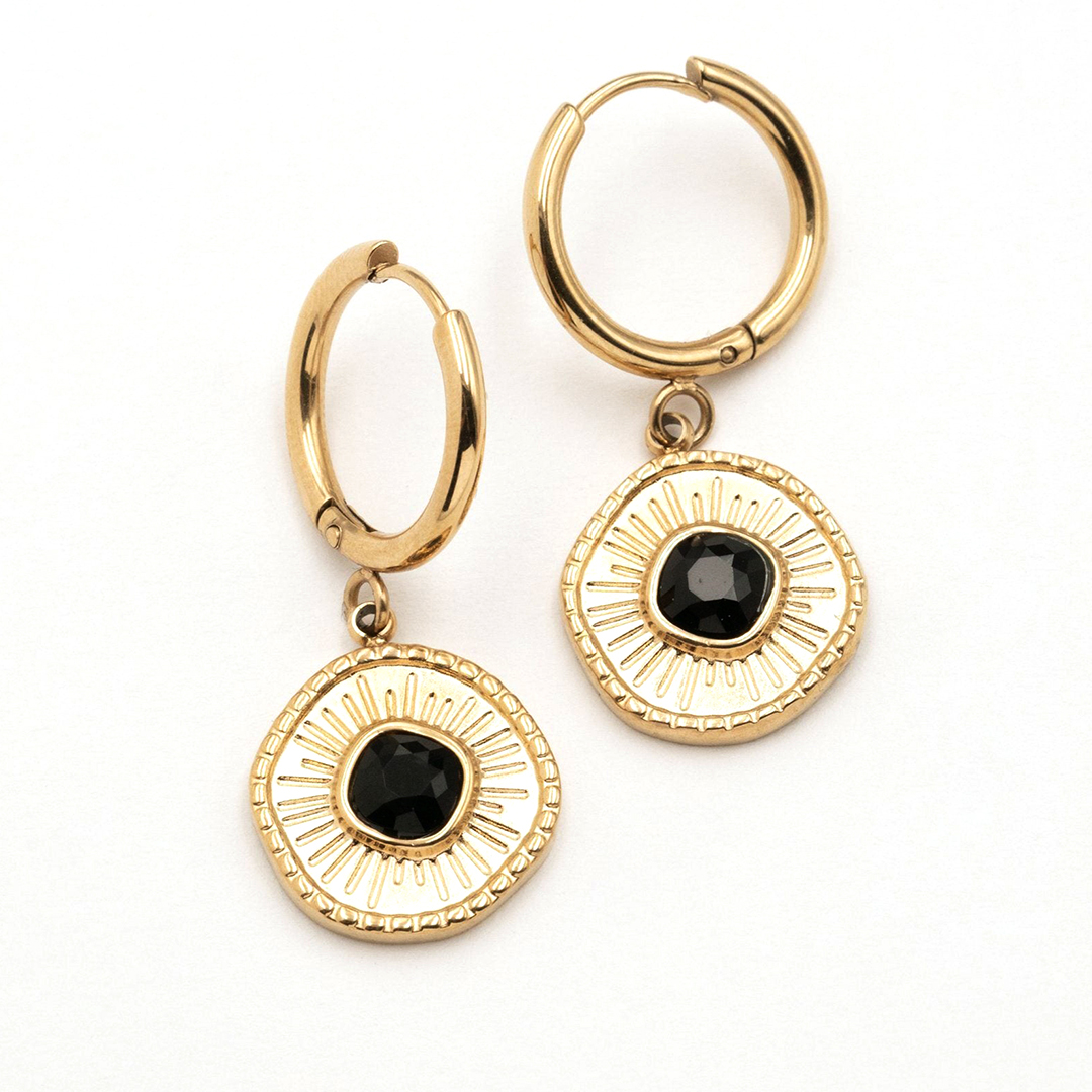 High End Tarnish Free Gold Plated Stainless Steel Hoop Earrings Fashion Geometric Embossed Green Red Blue Yellow Natural Stone Pendant Earrings