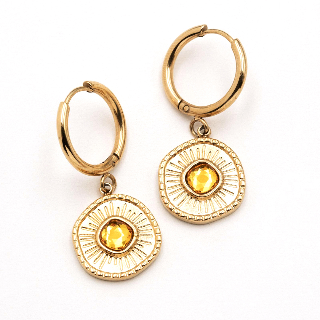 High End Tarnish Free Gold Plated Stainless Steel Hoop Earrings Fashion Geometric Embossed Green Red Blue Yellow Natural Stone Pendant Earrings