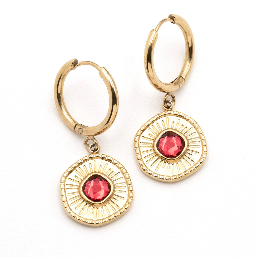 High End Tarnish Free Gold Plated Stainless Steel Hoop Earrings Fashion Geometric Embossed Green Red Blue Yellow Natural Stone Pendant Earrings