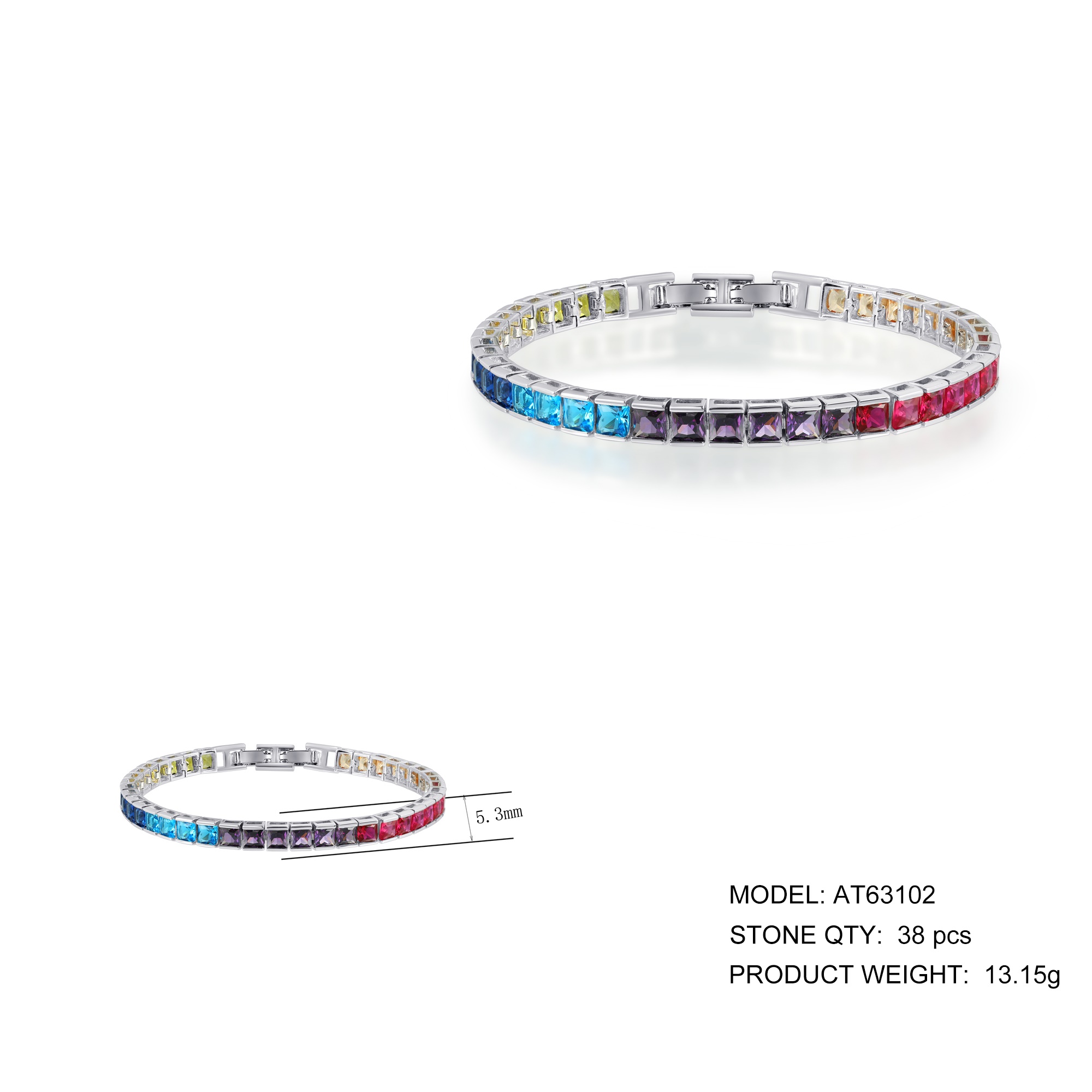 Colorful square rainbow CZ 2mm 3mm 925 sterling silver tennis bracelet