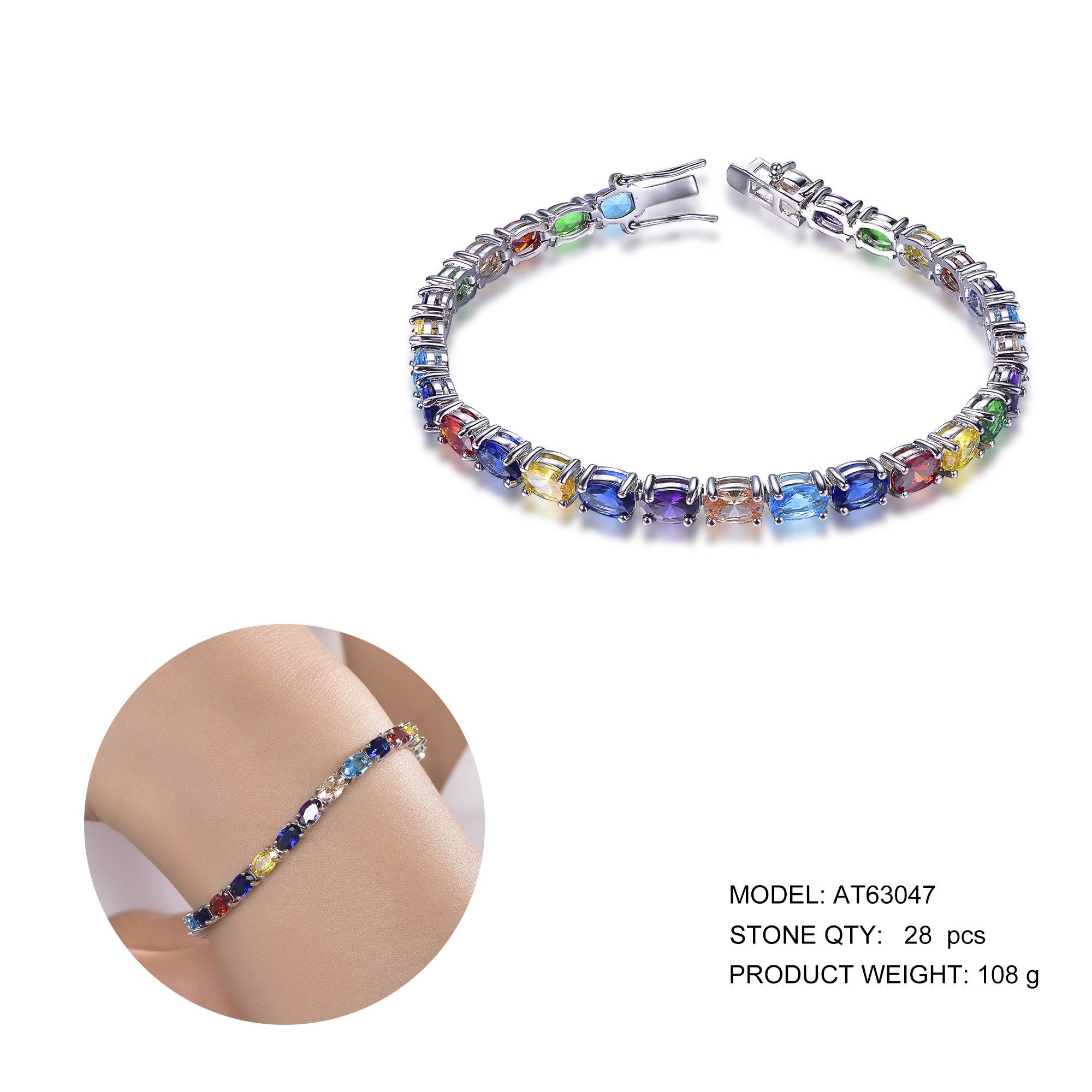 Colorful square rainbow CZ 2mm 3mm 925 sterling silver tennis bracelet