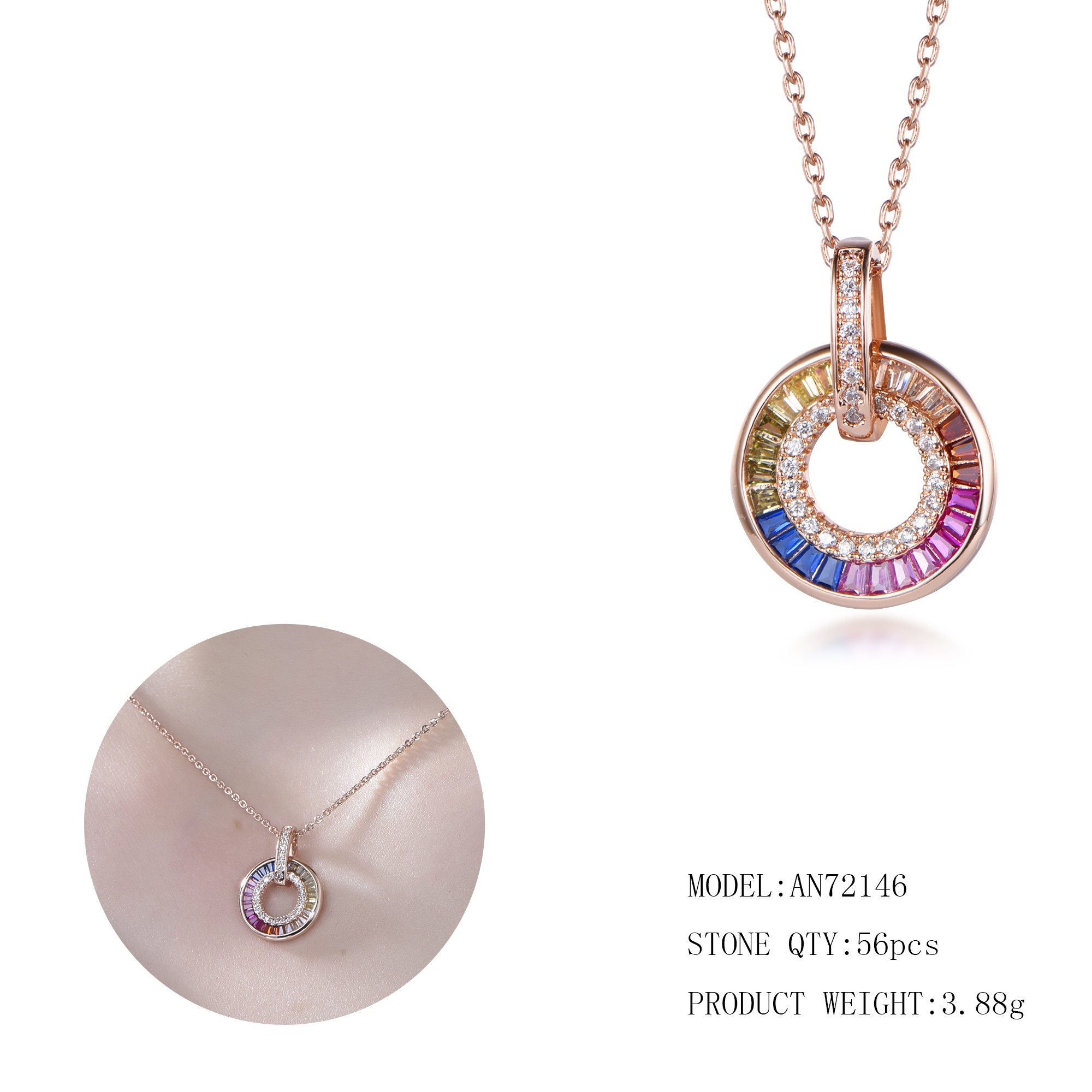 Fashion S925 sterling silver rainbow round pendant necklace temperament necklace for women