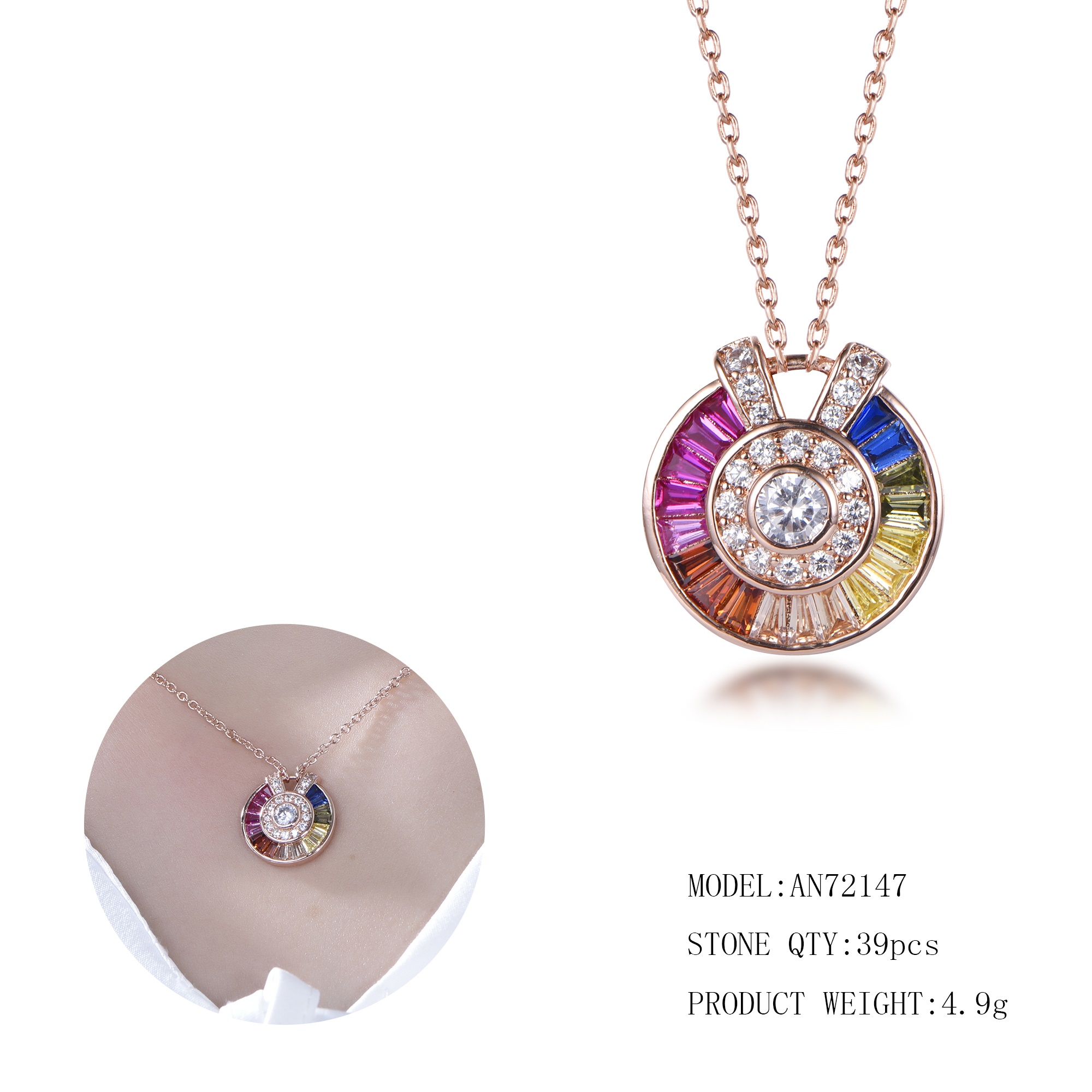 Fashion S925 sterling silver rainbow round pendant necklace temperament necklace for women