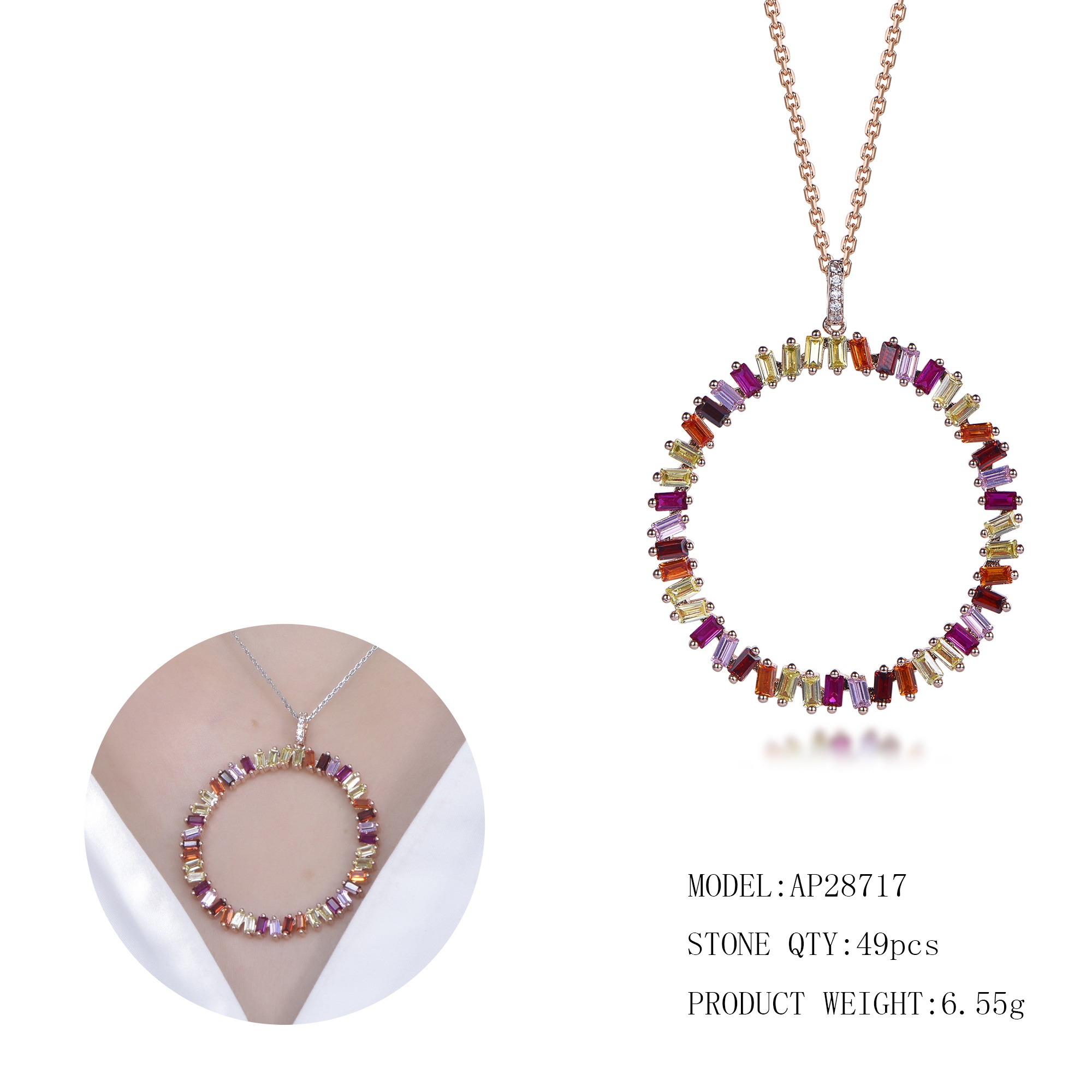 Fashion S925 sterling silver rainbow round pendant necklace temperament necklace for women