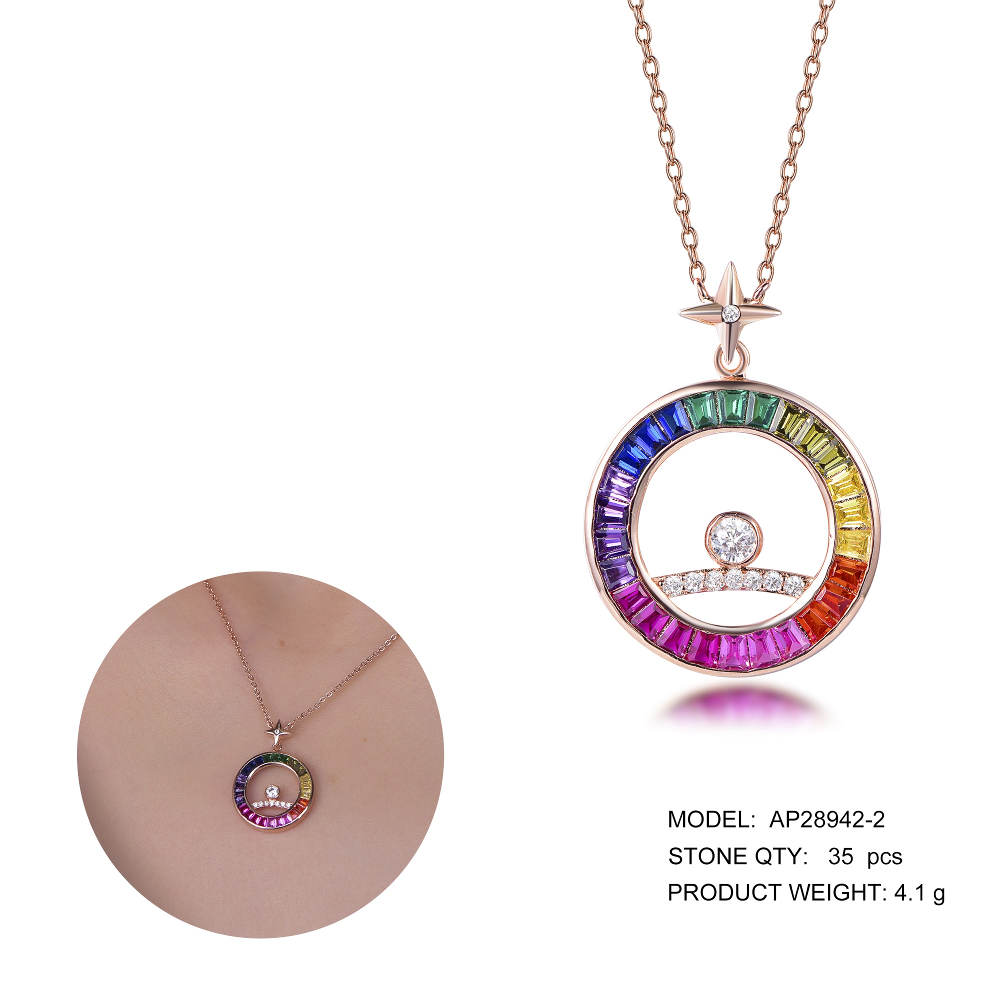 Fashion jewelry rainbow Pendant Necklace Rainbow Beads Jewelry necklaces in Sterling Silver