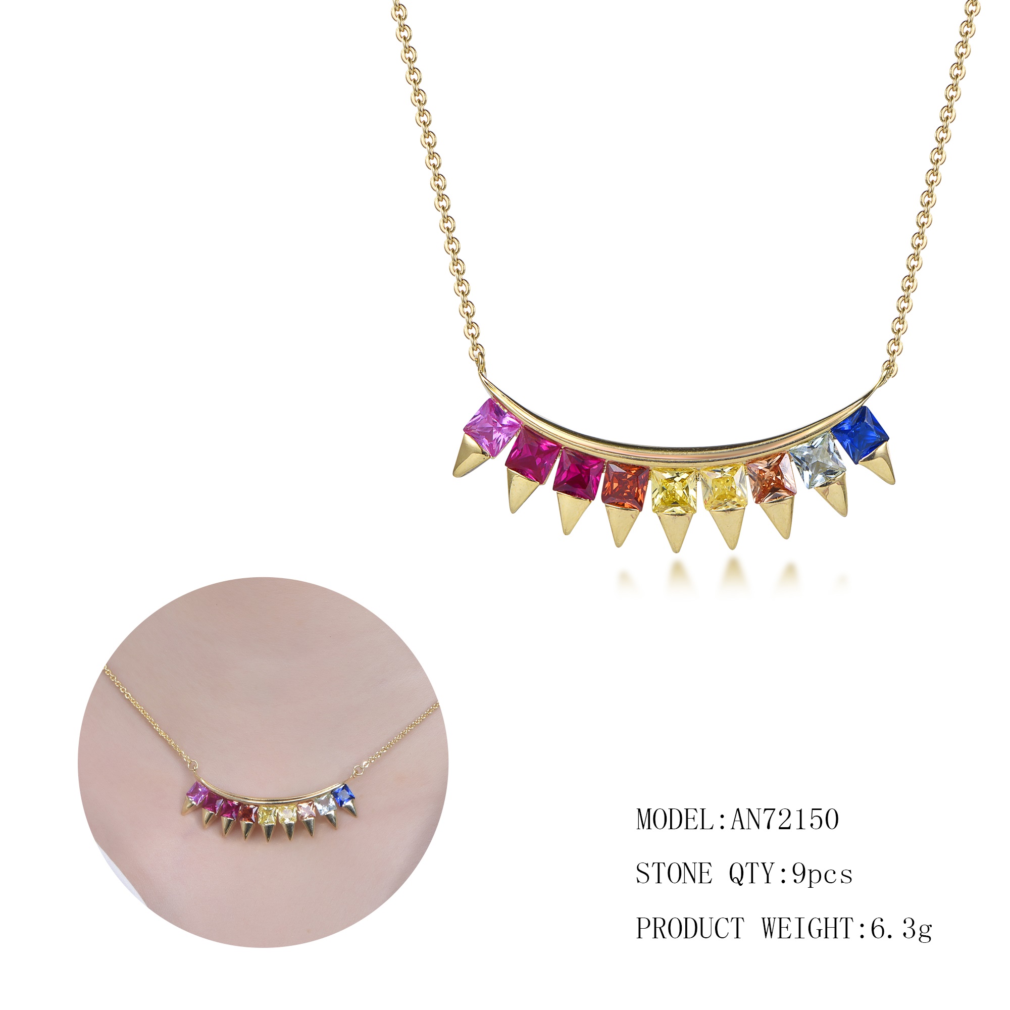 Colorful Natural Gemstone Pendant Women's Sterling Silver Inlaid Rainbow Pendant Gradient Colorful Treasure Necklace