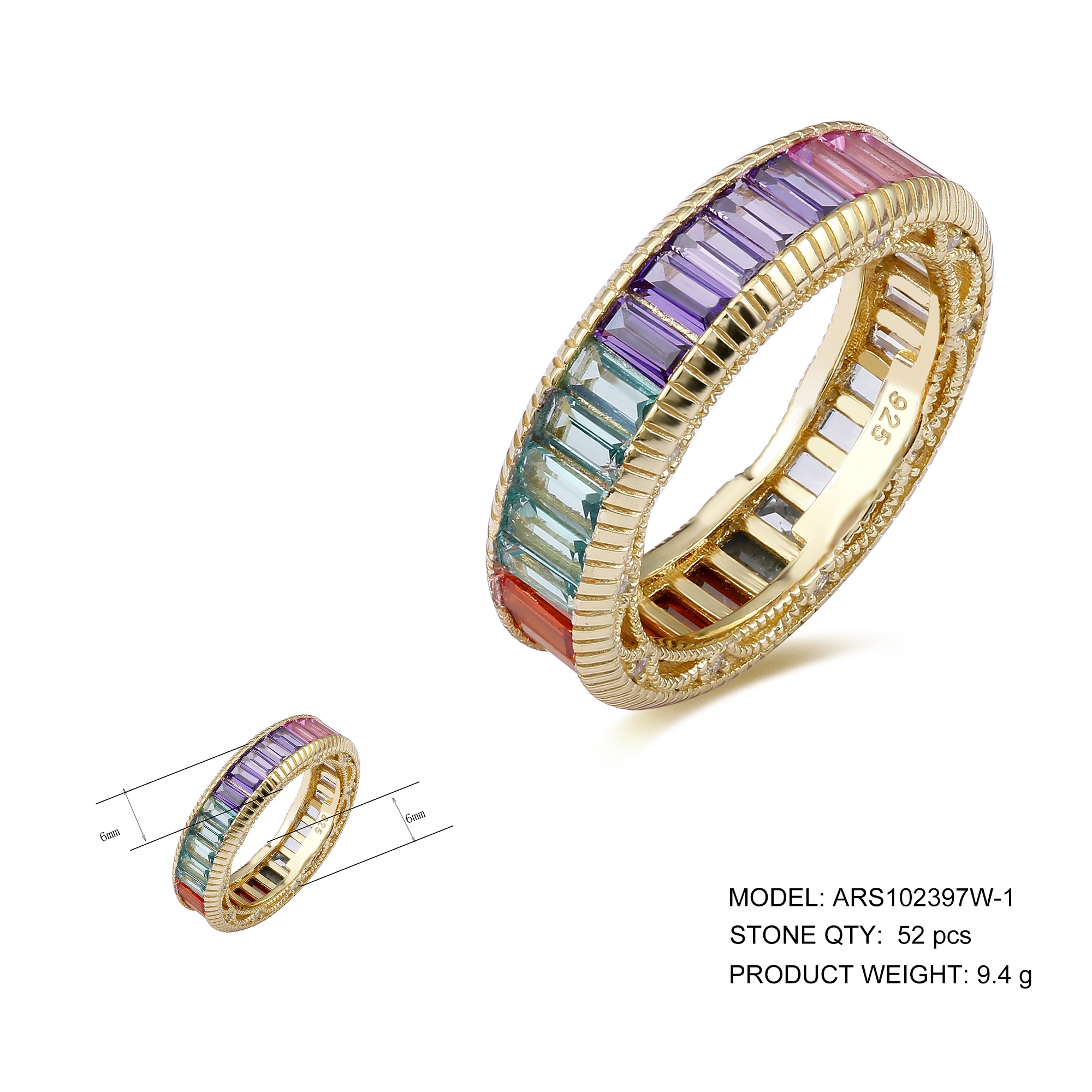 Rainbow Bridge Design 925 sterling silver zircon ring for women emerald cut 925 silver colorful baguette stone Rings